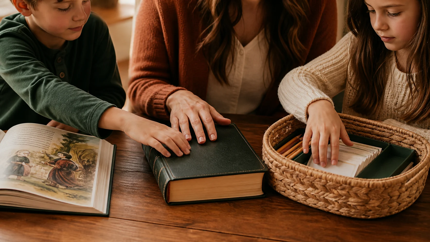 A mother and two children choosing a Bible and learning materials from their homeschool morning basket.