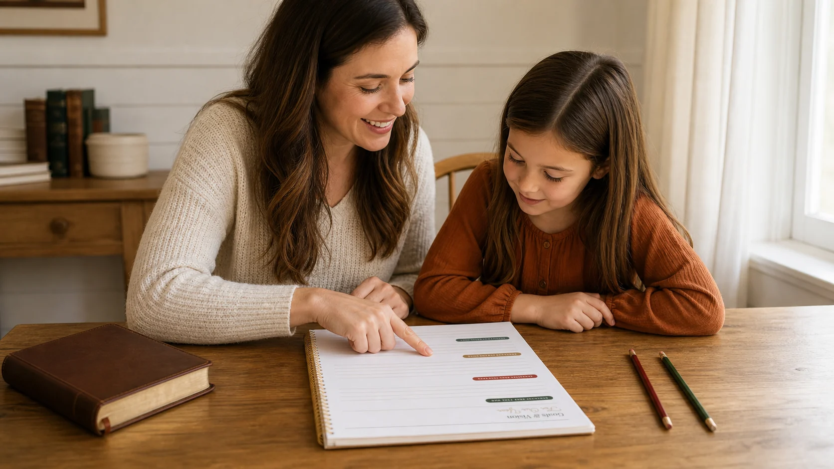 A mother and daughter using the real Goals and Vision page from the Faith-Filled Homeschool Planner.