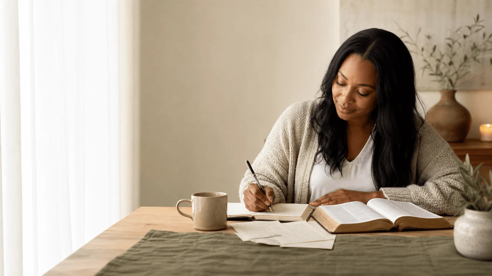 A woman using Scripture and a journal for a personalized devotional.
