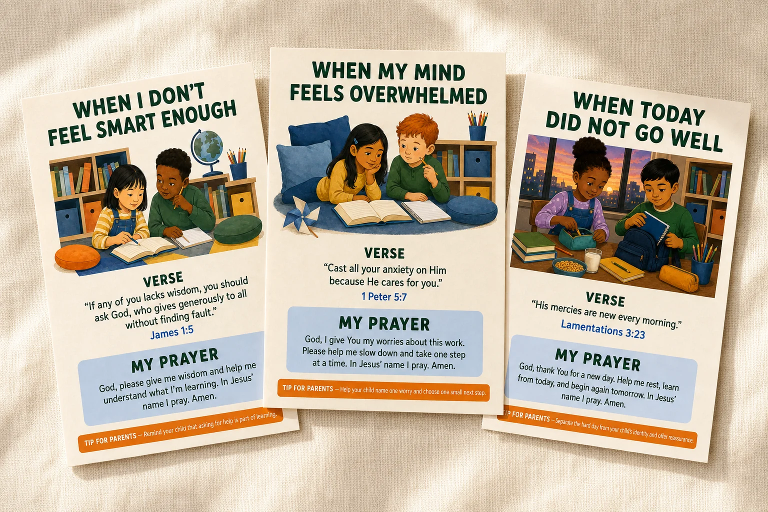 Three actual Bible Verses for Kids: When School Feels Hard printable cards displayed together.