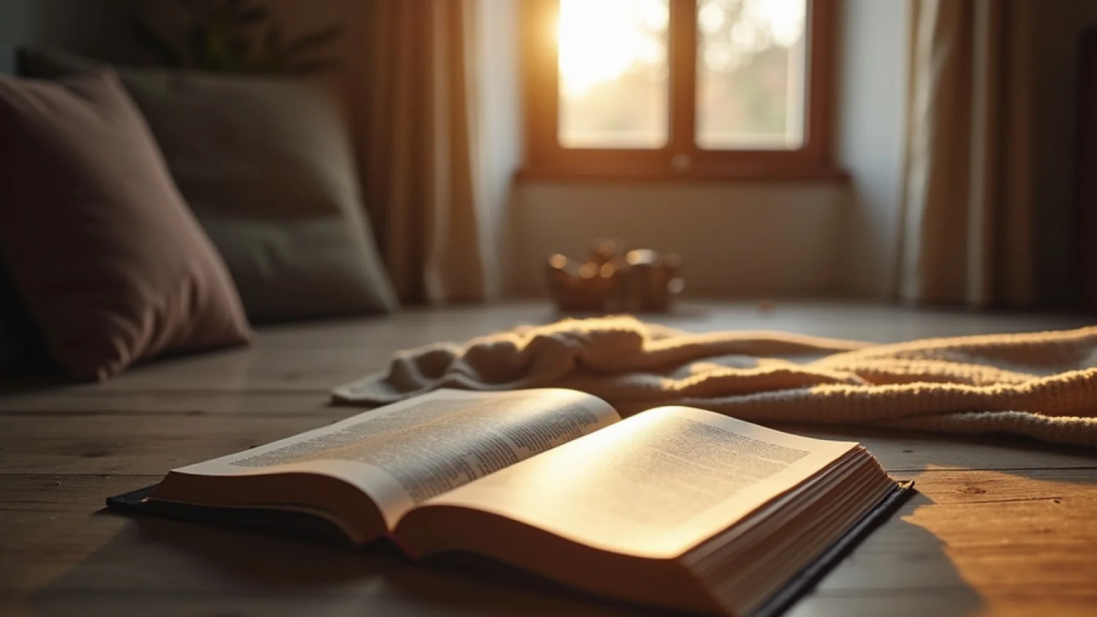 Eye-level view of a cozy reading nook with a Bible and notebook