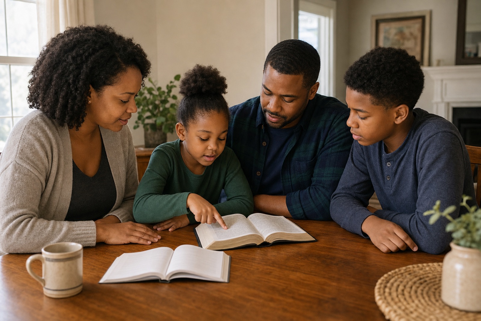 A family of four gathered naturally around an open Bible during a relaxed devotional conversation.