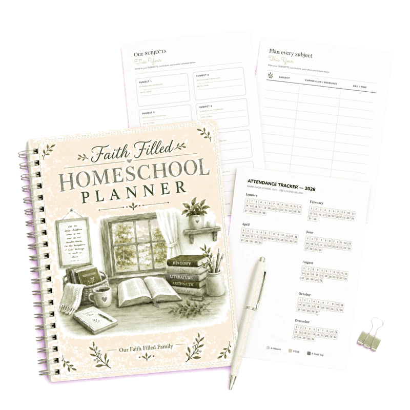 Faith-Filled Homeschool Planner with real planning and attendance pages