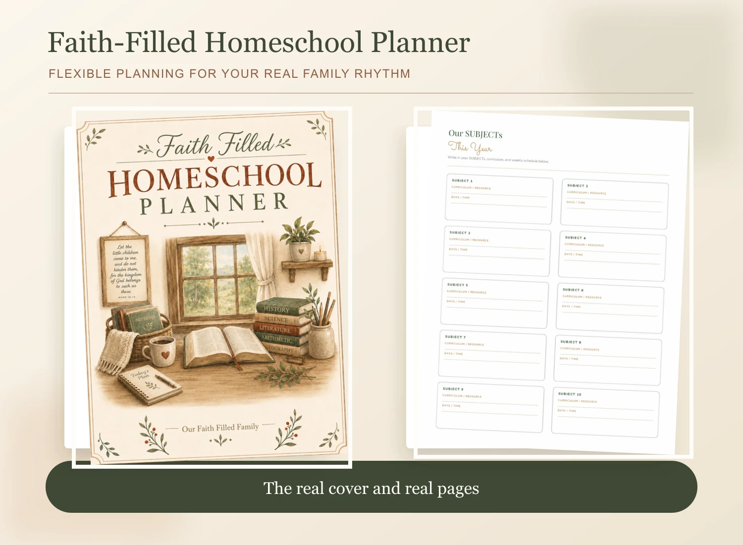 Faith-Filled Homeschool Planner covers and yearly planning pages