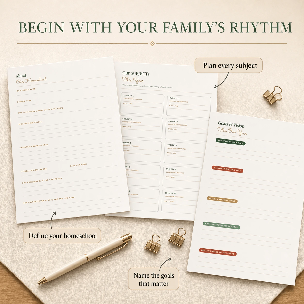 Homeschool planner pages for building a flexible family rhythm