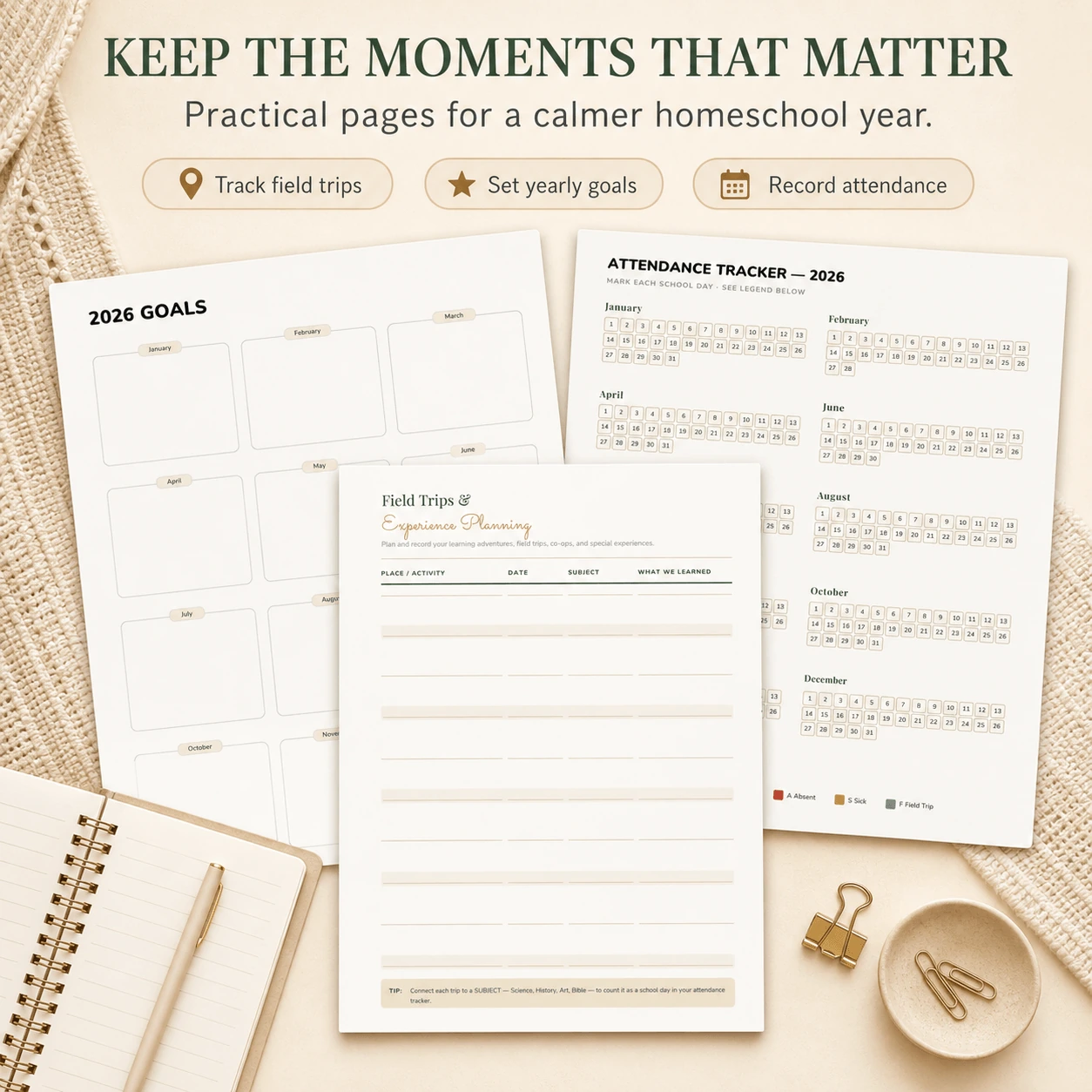 Homeschool planner field trip, attendance, and practical record pages