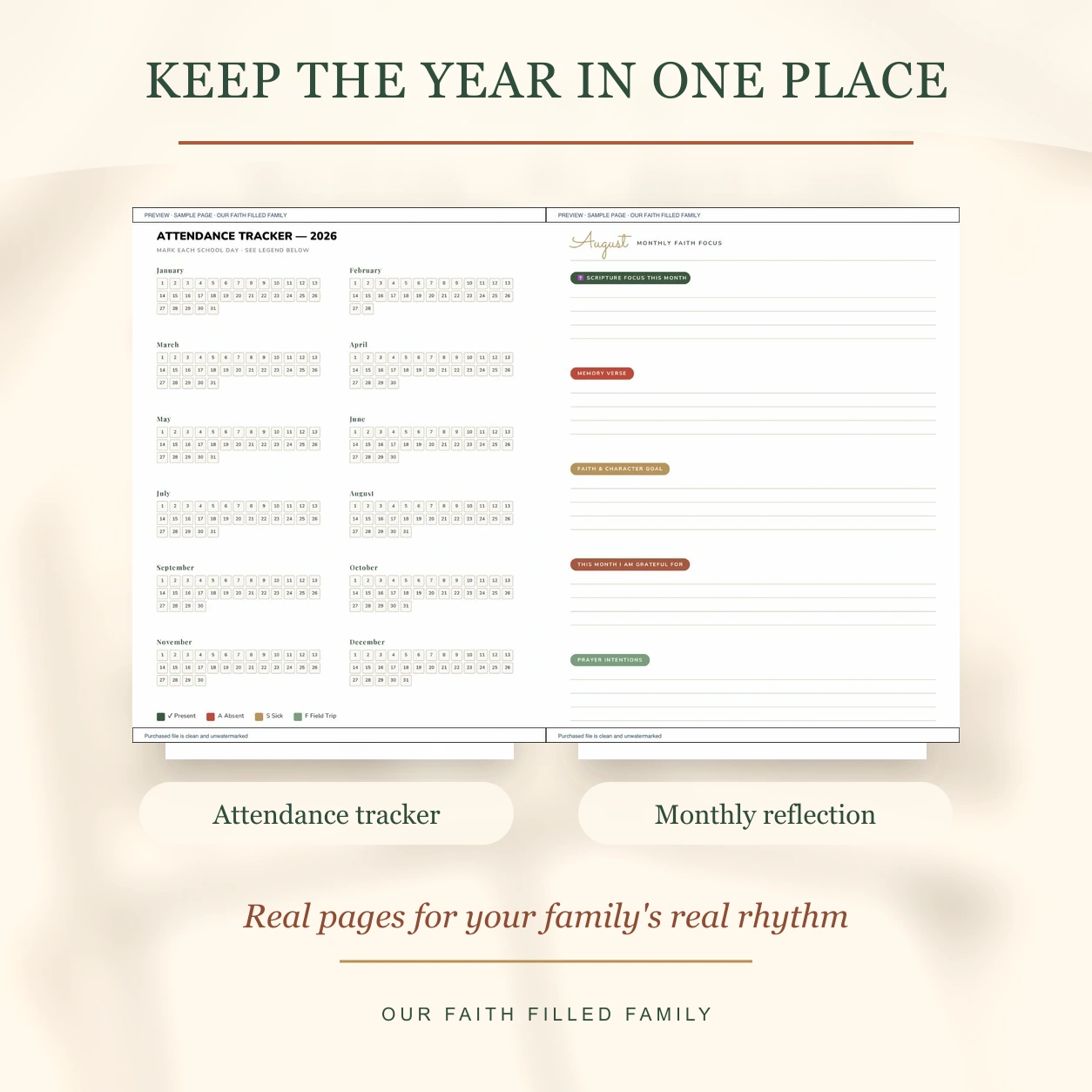 Real homeschool attendance tracker and monthly reflection pages