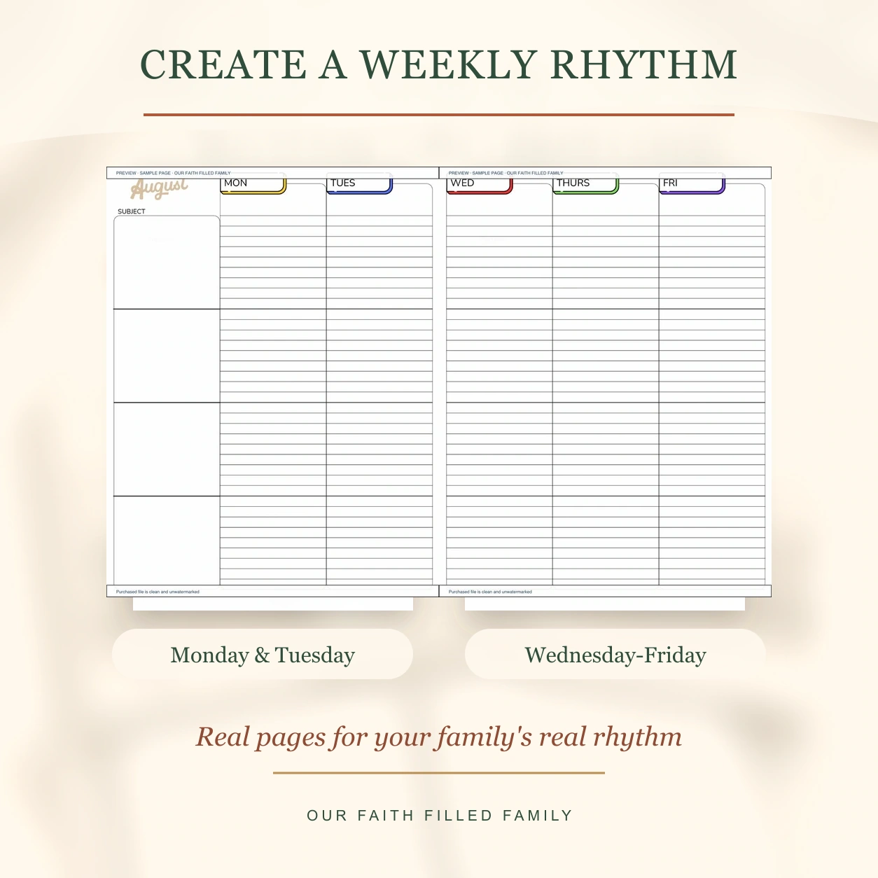 Real weekly planning spread from Monday through Friday